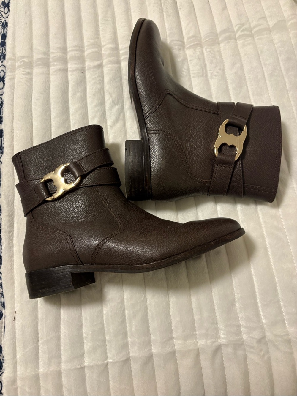 Tory Burch Dark Brown Leather Ankle Booties with Gold Buckle